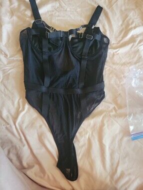 Black Strappy Mesh Bodysuit | Size Large | Harness Style Teddy Lingerie